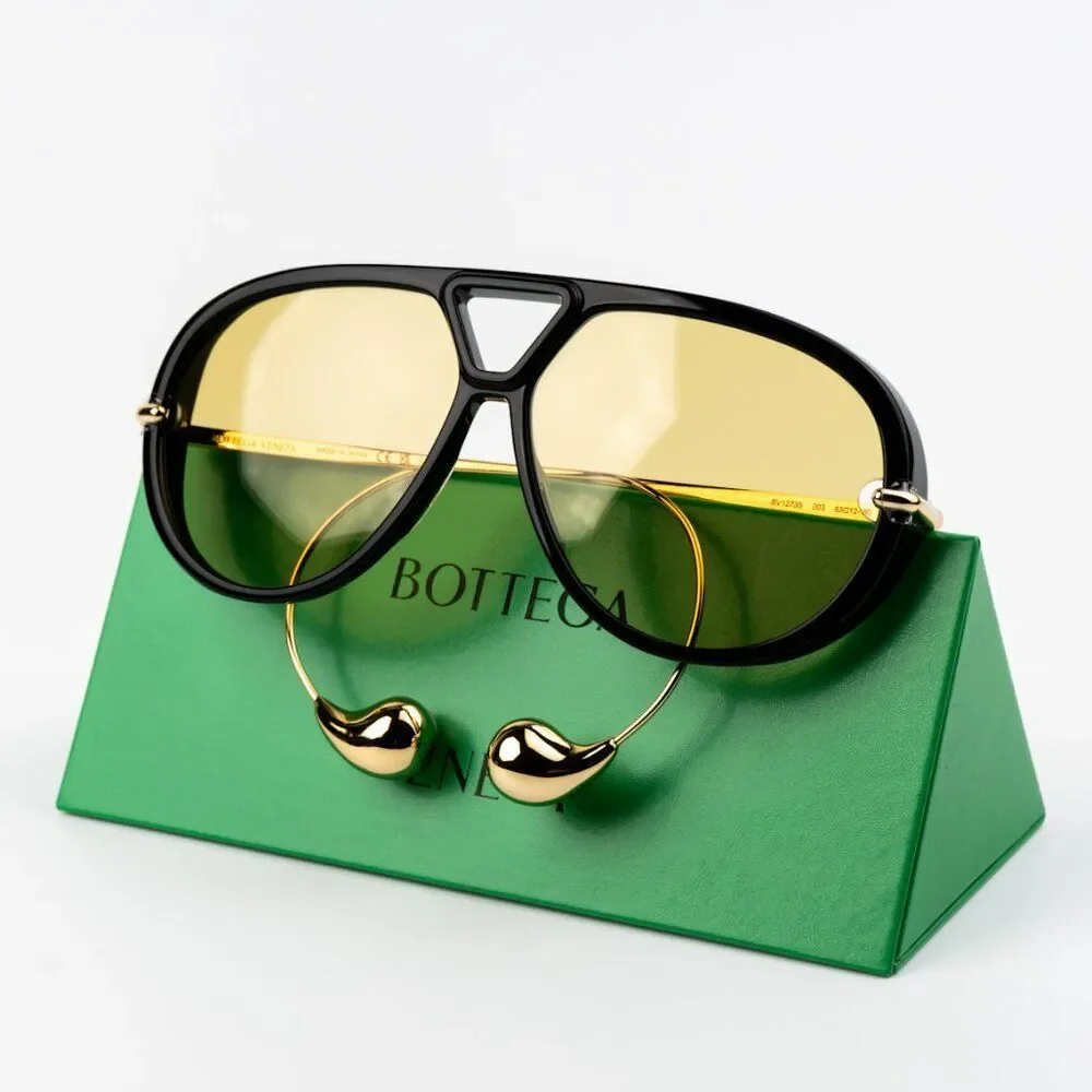 NEW Bottega Veneta BV1273S 003 Black Gold Yellow Pilot Unisex Sunglasses